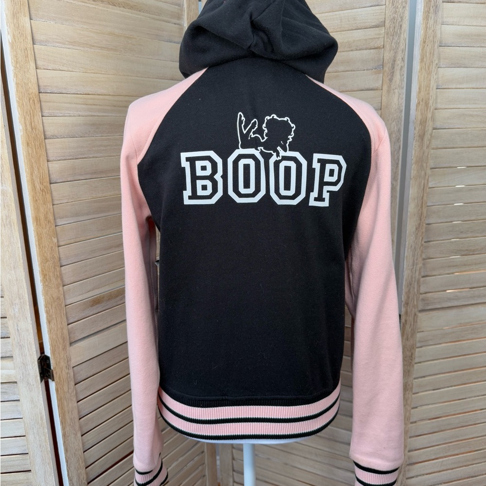 Betty Boop Varsity Letter Jacket with hood + back detail - Black and Pink - Picture 3 of 12